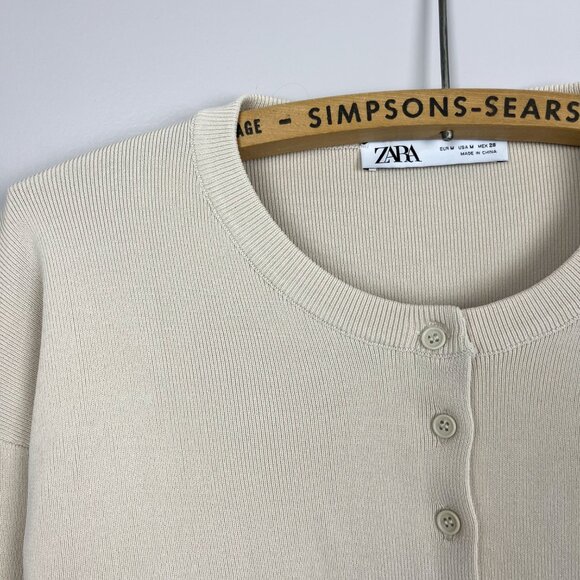 Zara Cream Long Sleeve Button Up Fine Knit Cardigan | Size Medium - Picture 2 of 5